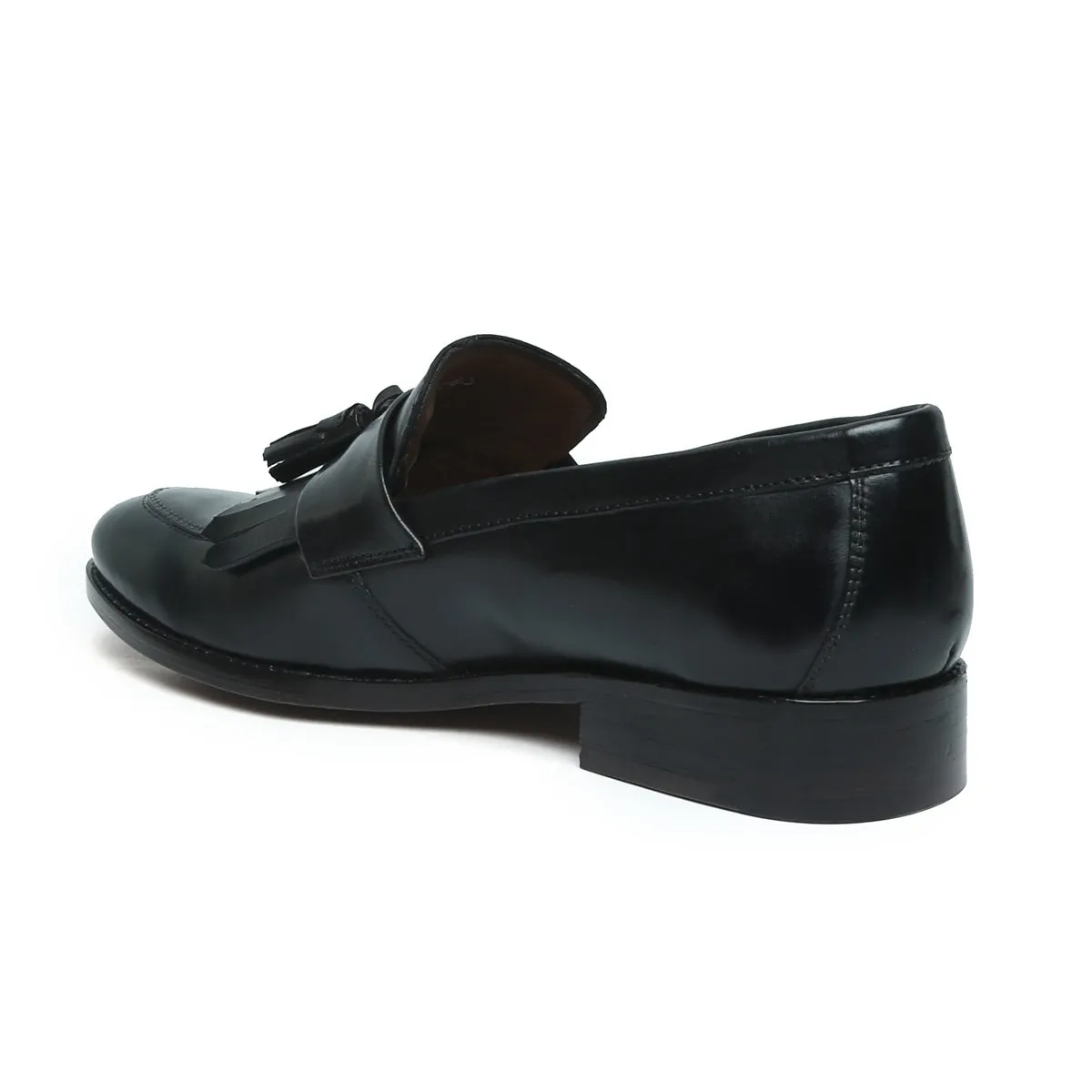 Black Leather Fringes Penny Slip-Ons with Tassel by Brune & Bareskin