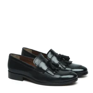 Black Leather Fringes Penny Slip-Ons with Tassel by Brune & Bareskin