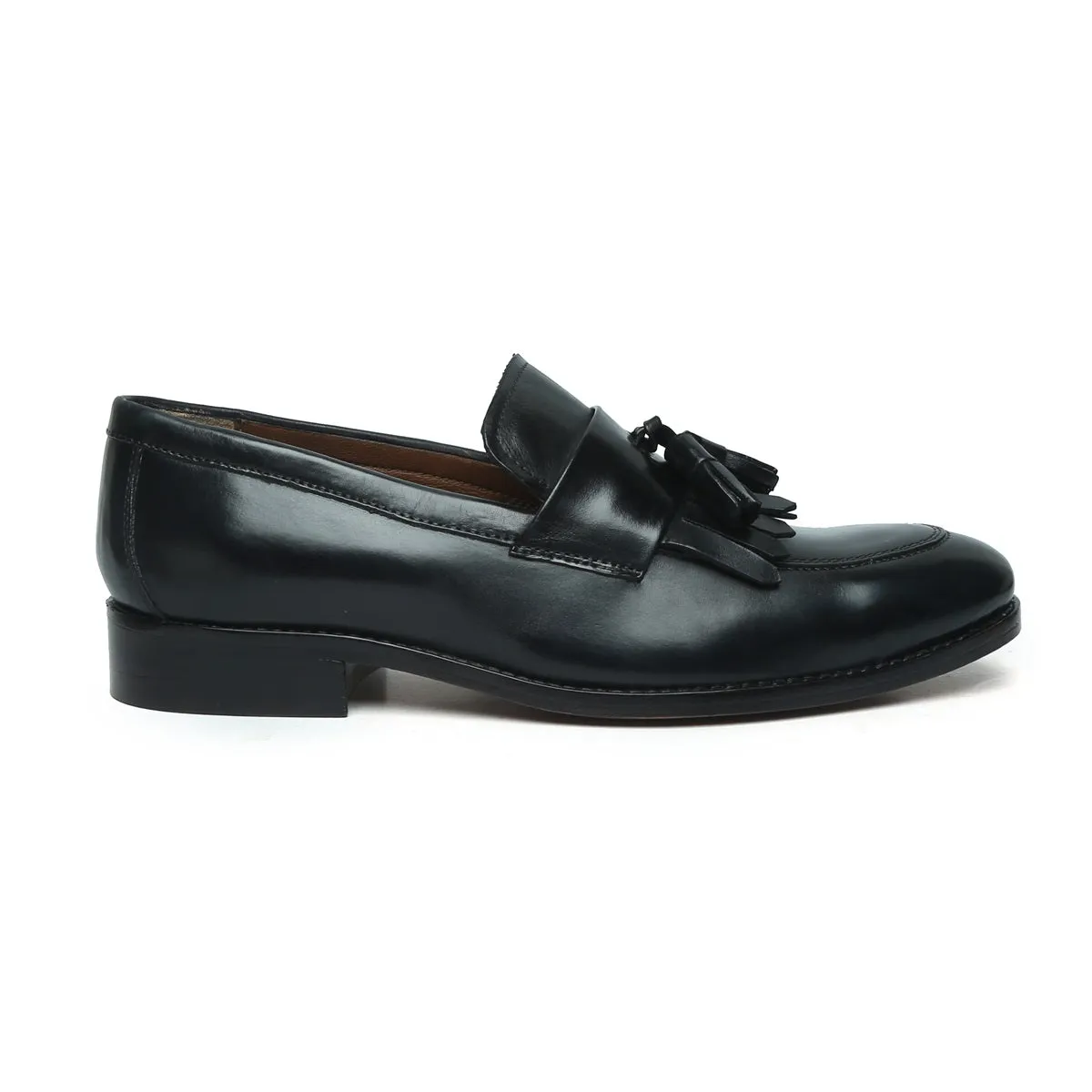 Black Leather Fringes Penny Slip-Ons with Tassel by Brune & Bareskin