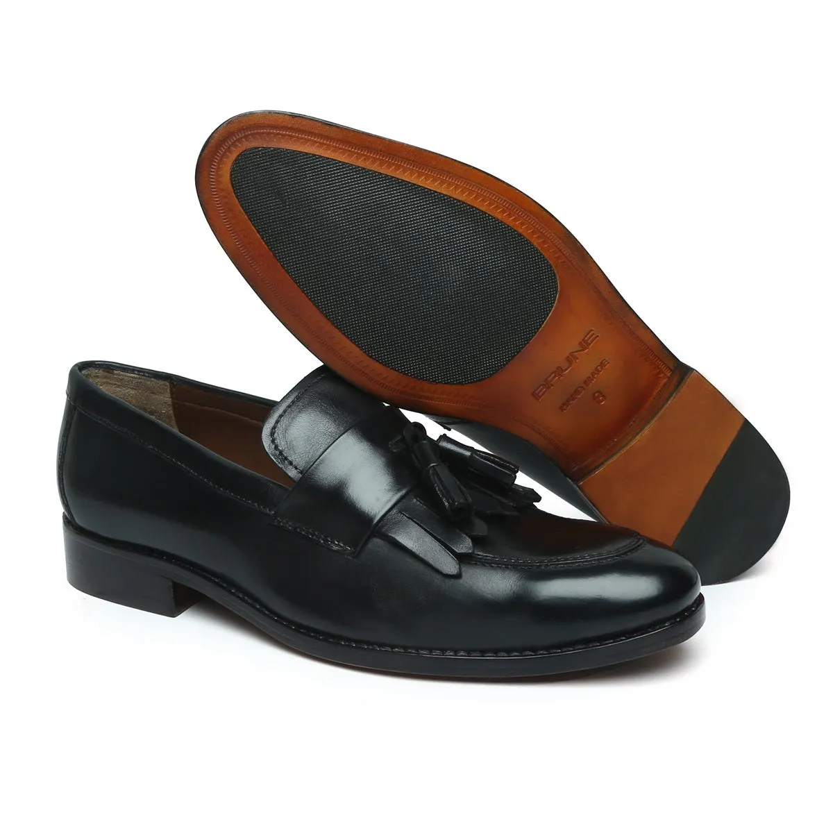 Black Leather Fringes Penny Slip-Ons with Tassel by Brune & Bareskin