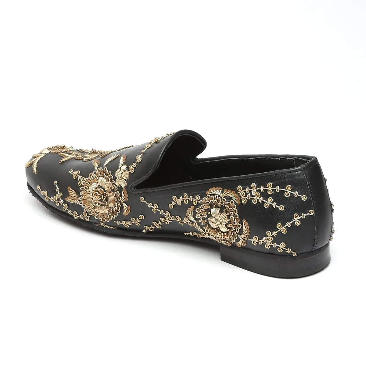 Black Leather Slip-On Shoes with Copper Gold Zardosi Embroidery By Brune & Bareskin