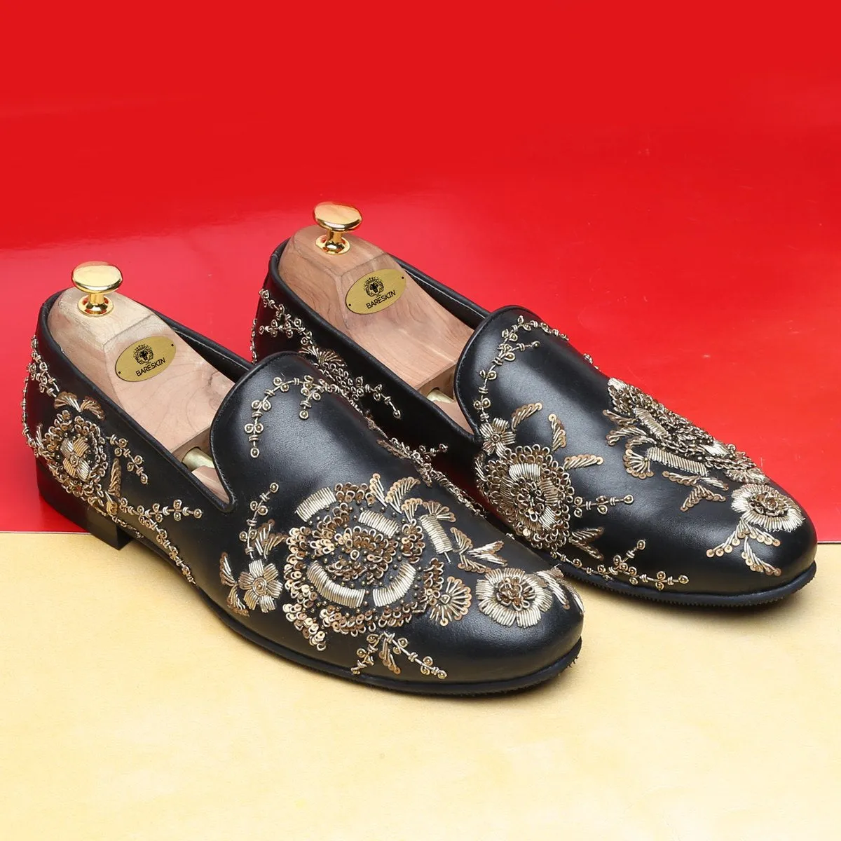 Black Leather Slip-On Shoes with Copper Gold Zardosi Embroidery By Brune & Bareskin