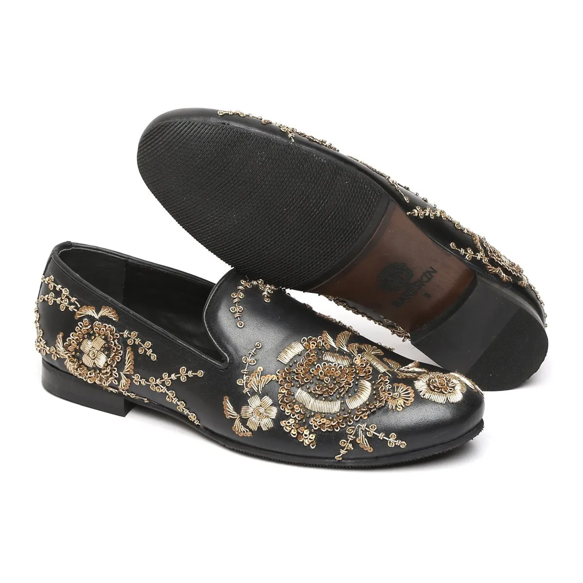 Black Leather Slip-On Shoes with Copper Gold Zardosi Embroidery By Brune & Bareskin