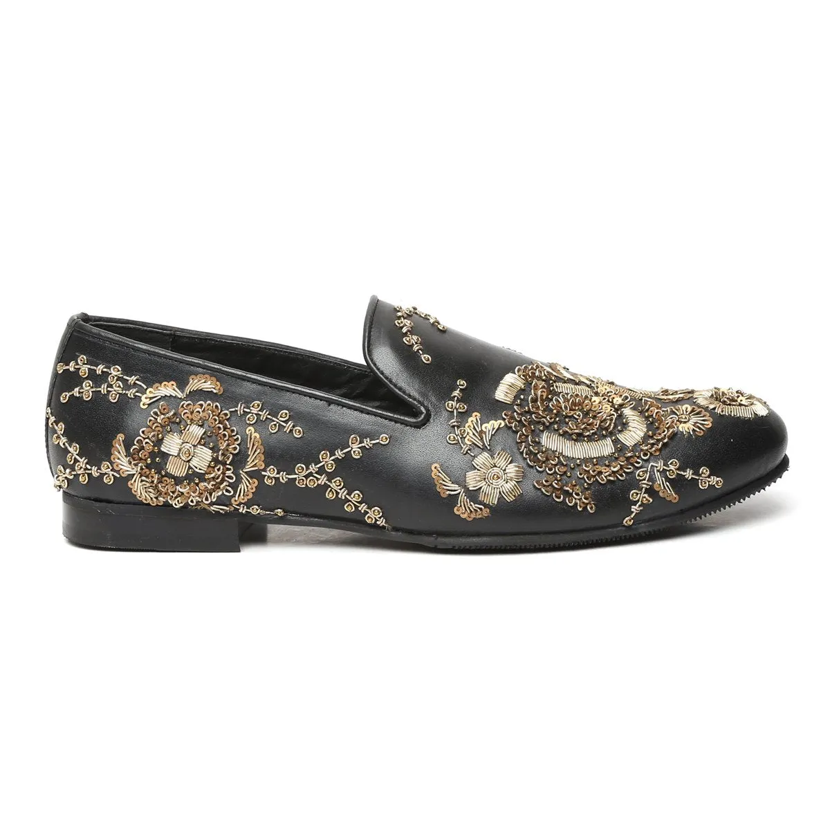 Black Leather Slip-On Shoes with Copper Gold Zardosi Embroidery By Brune & Bareskin