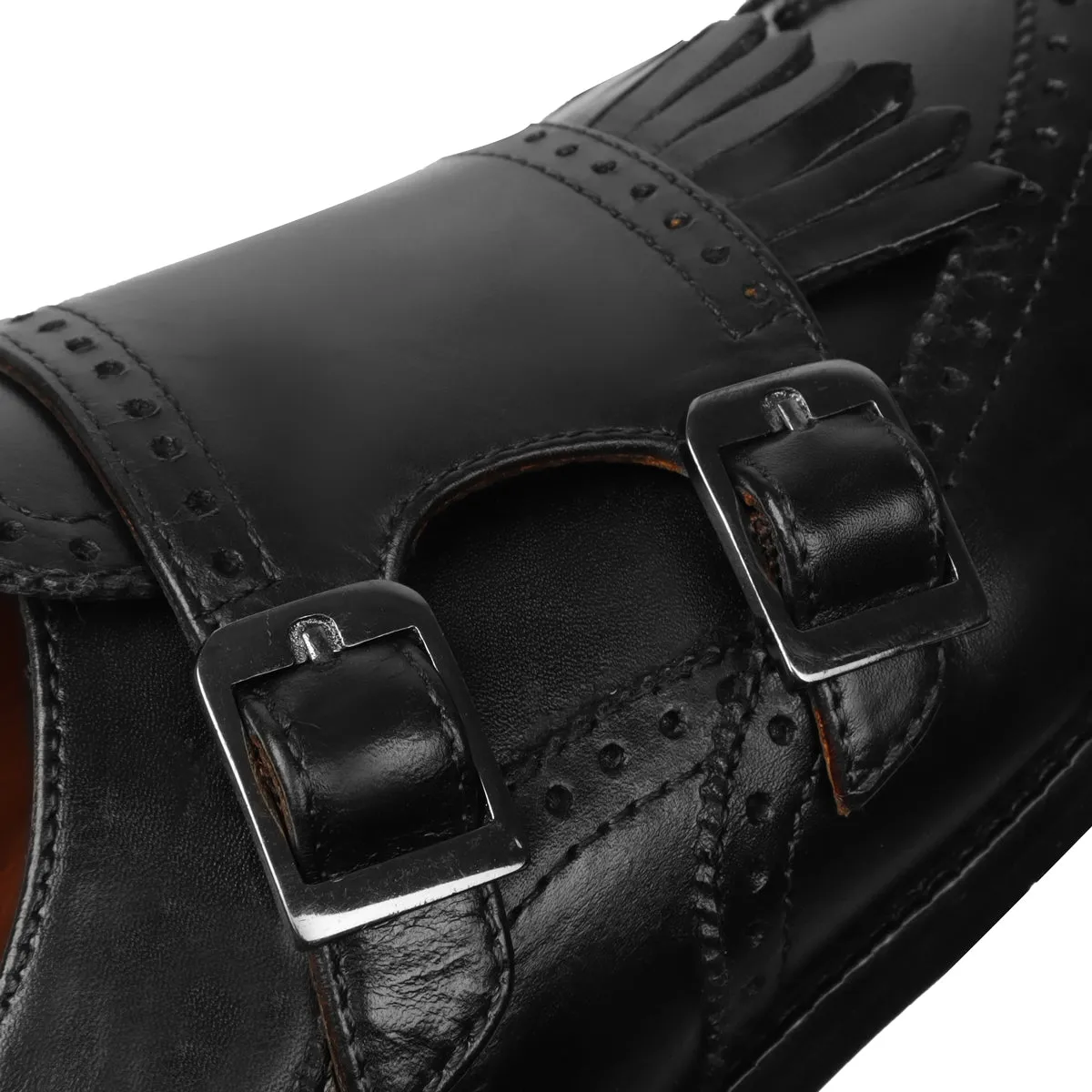 Black Medallion Toe Wingtip Punching with Fringes Double Monk Strap Formals by Brune & Bareskin