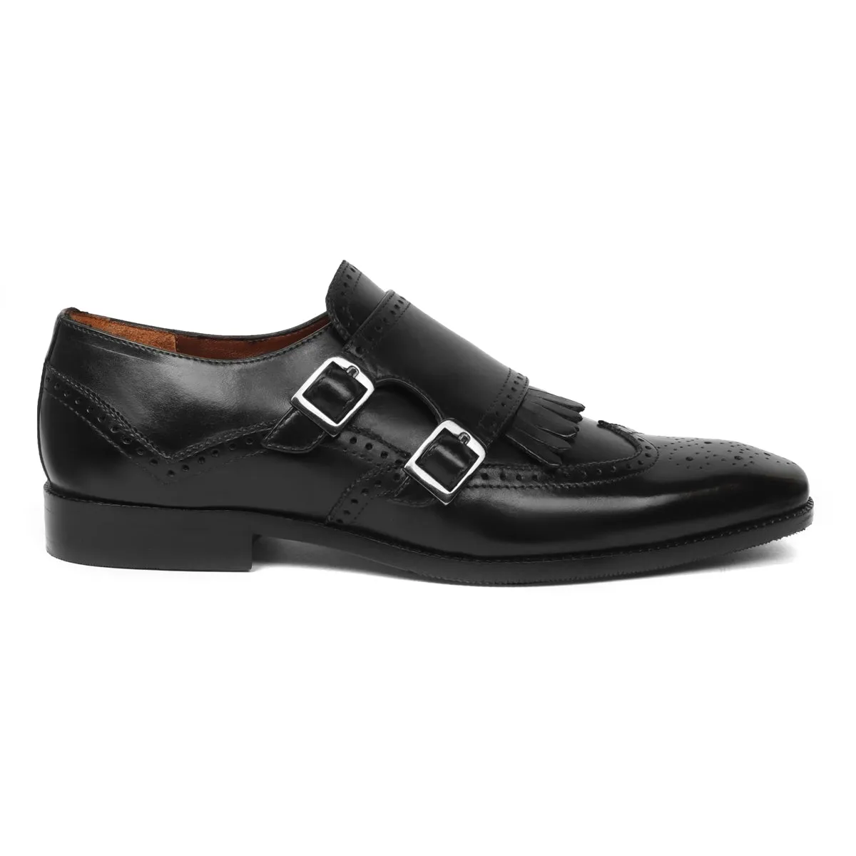 Black Medallion Toe Wingtip Punching with Fringes Double Monk Strap Formals by Brune & Bareskin