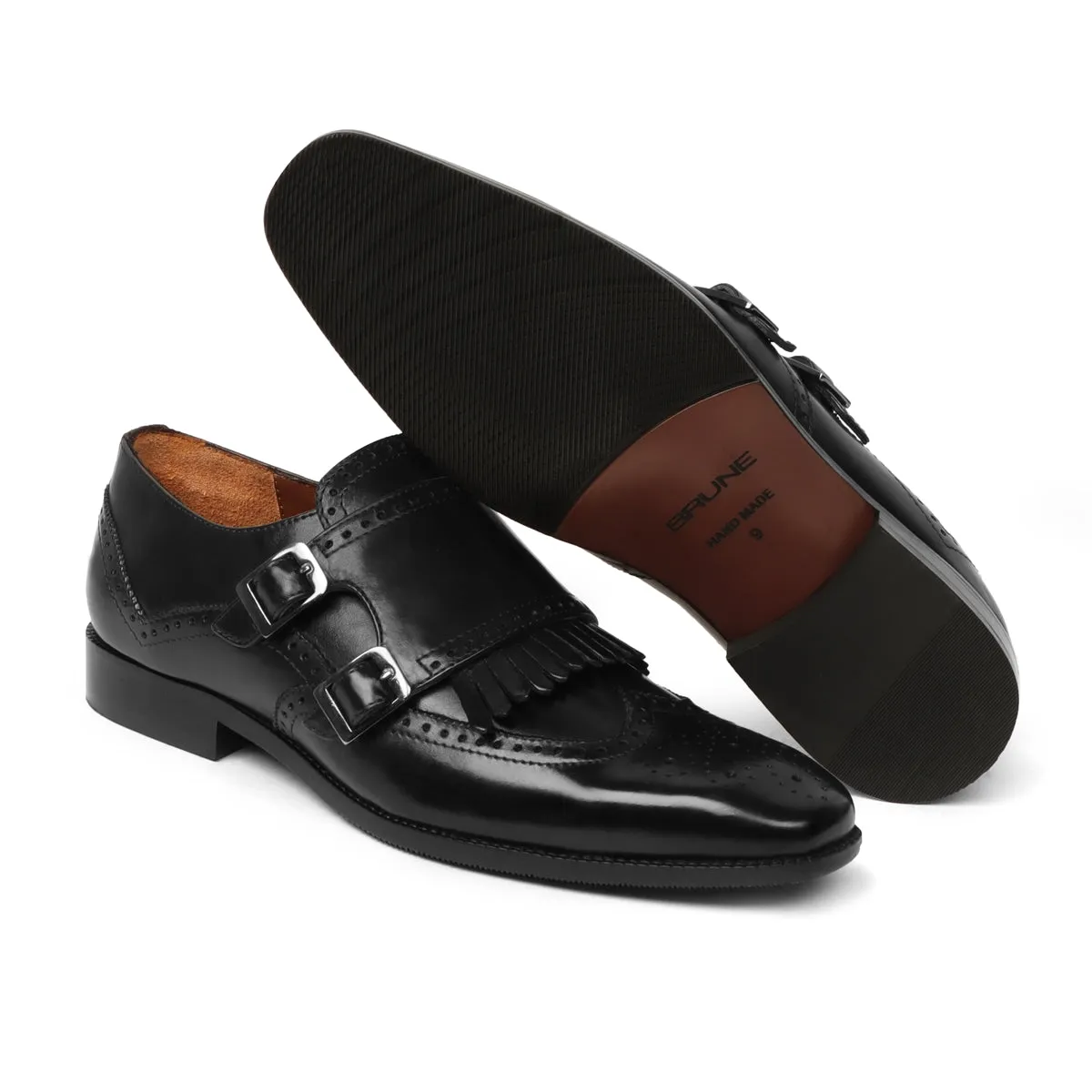 Black Medallion Toe Wingtip Punching with Fringes Double Monk Strap Formals by Brune & Bareskin