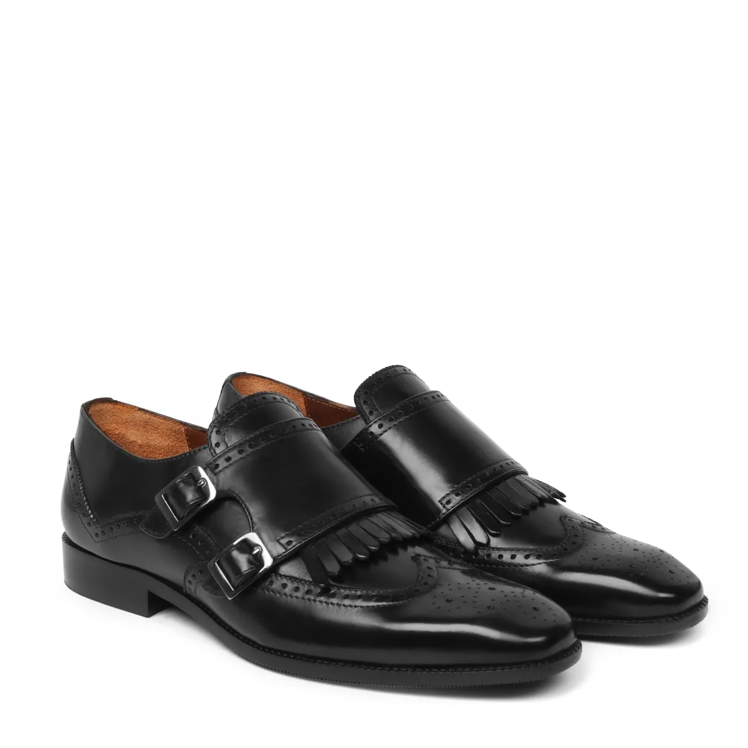 Black Medallion Toe Wingtip Punching with Fringes Double Monk Strap Formals by Brune & Bareskin