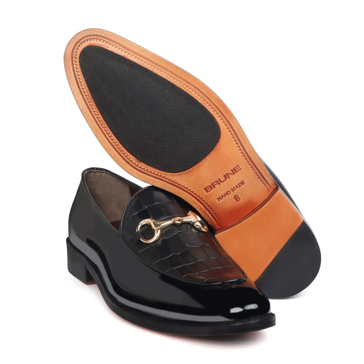 Black Patent Leather Loafer with Deep Cut Design at Vamp