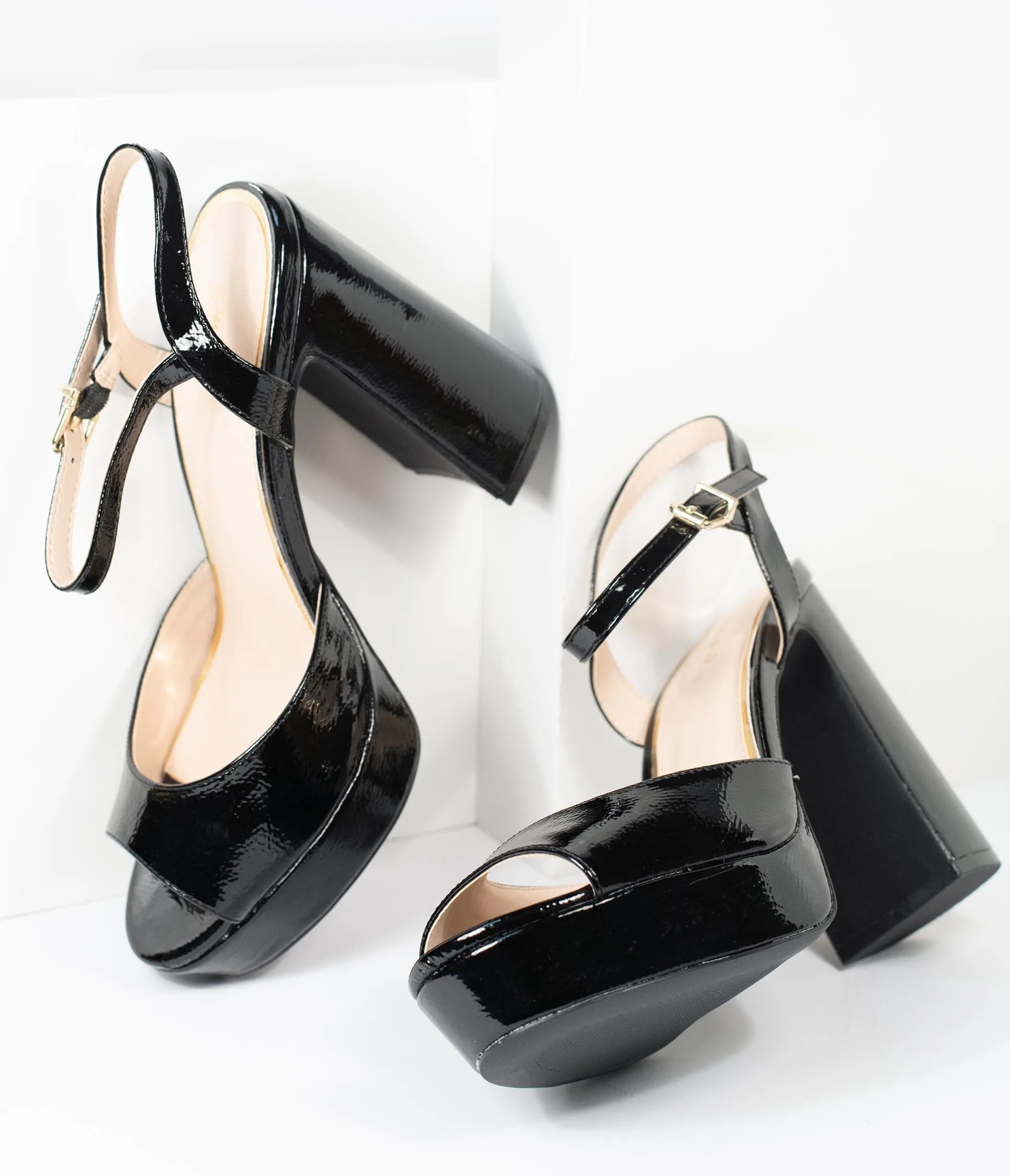 Black Patent Leatherette Peep Toe Platforms