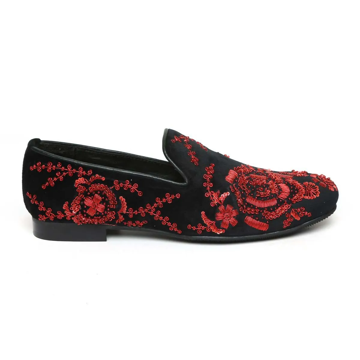 Black Velvet Slip-On Shoes with Red Zardosi Embroidery By Brune & Bareskin