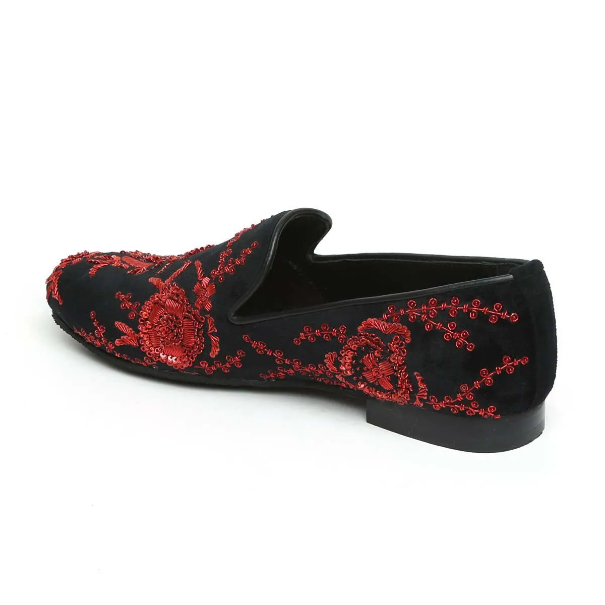 Black Velvet Slip-On Shoes with Red Zardosi Embroidery By Brune & Bareskin