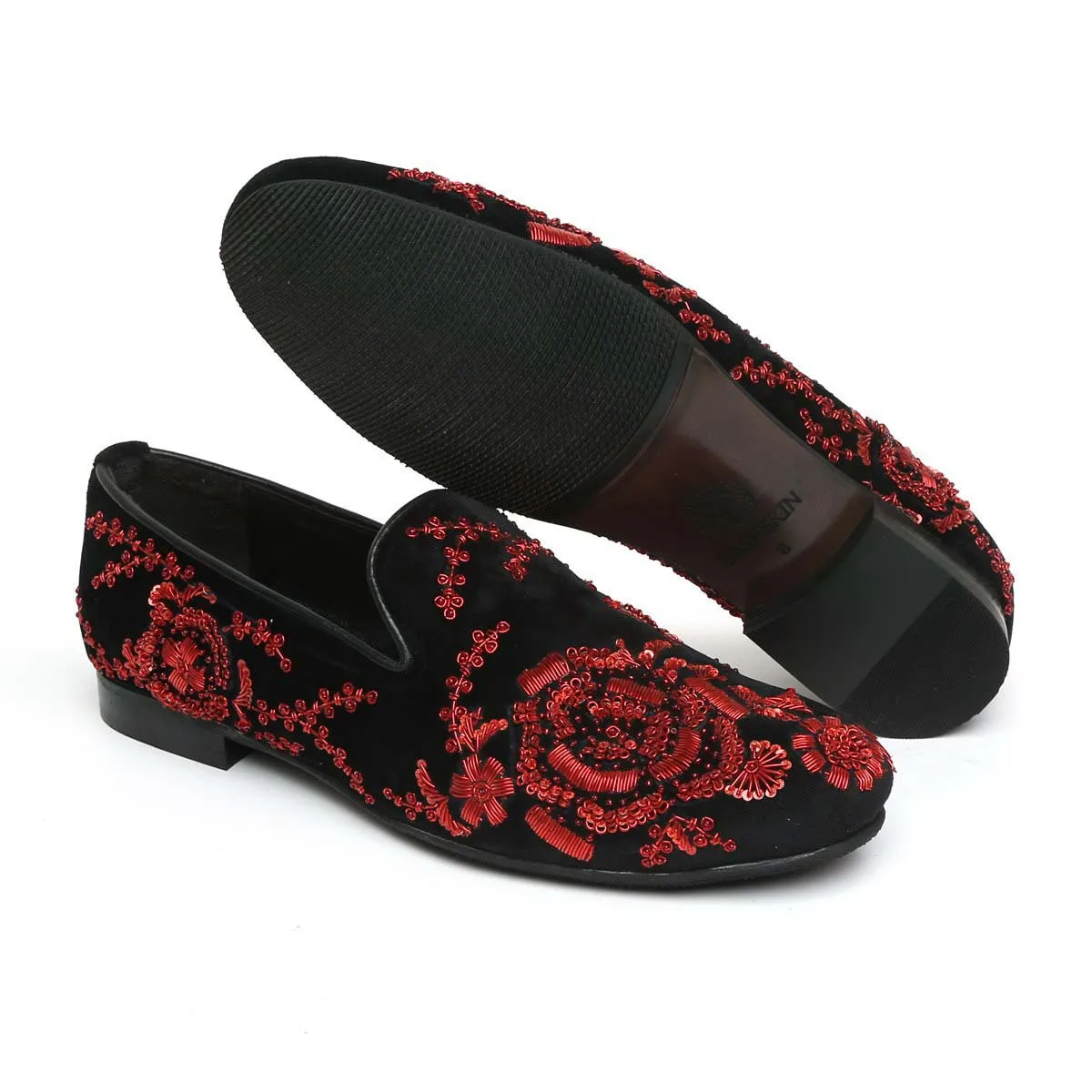 Black Velvet Slip-On Shoes with Red Zardosi Embroidery By Brune & Bareskin