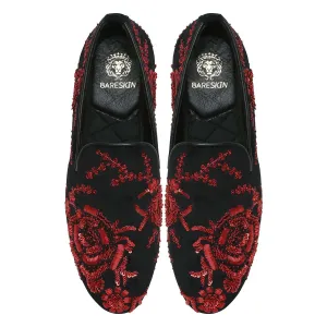 Black Velvet Slip-On Shoes with Red Zardosi Embroidery By Brune & Bareskin