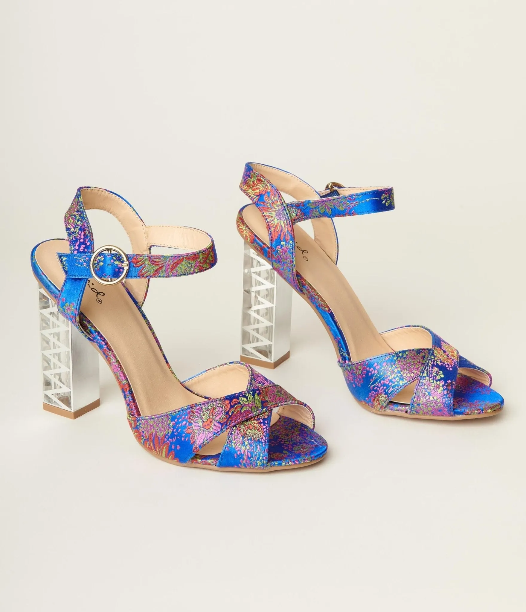 Blue & Multicolor Floral Peep Toe Heels