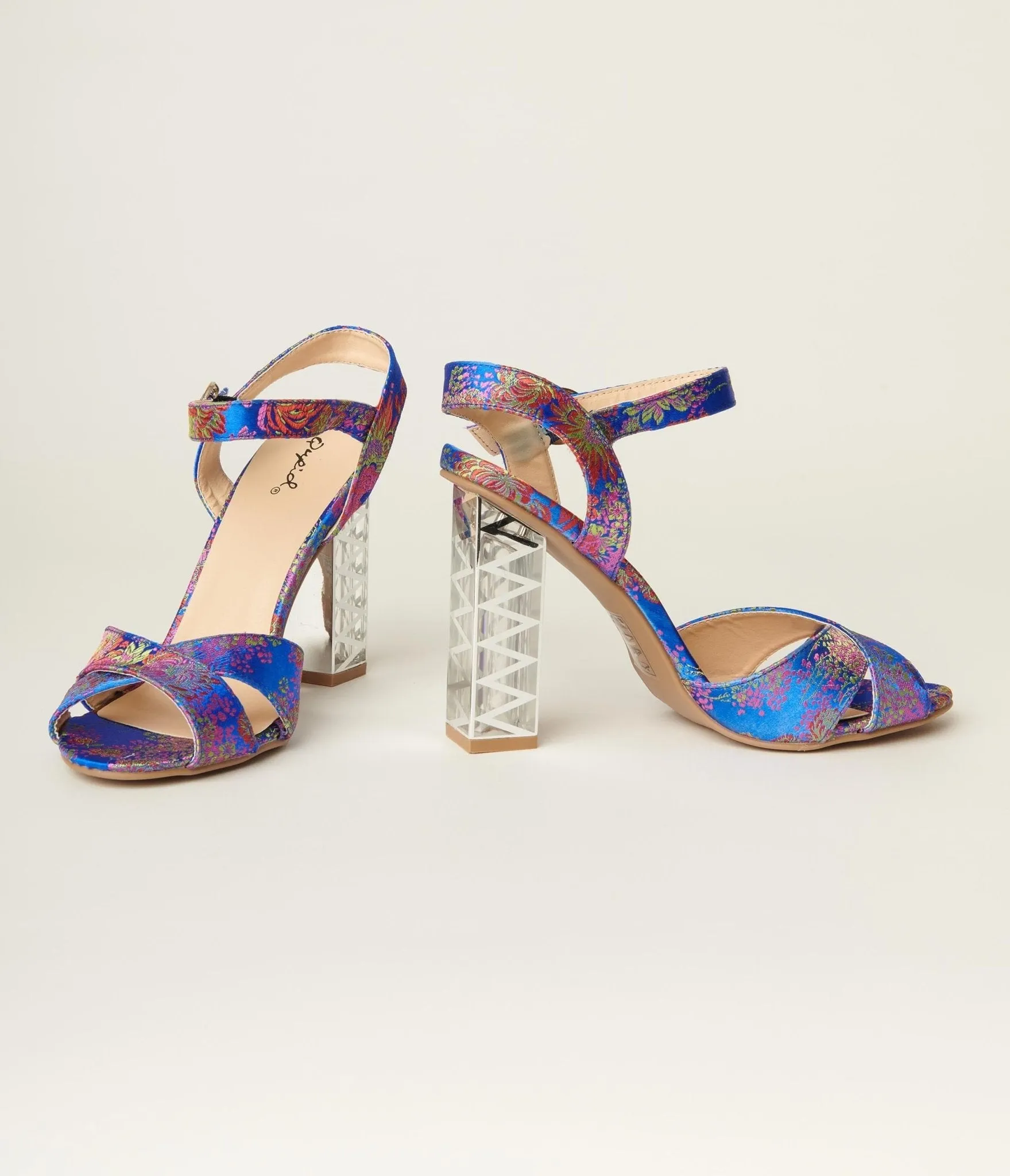 Blue & Multicolor Floral Peep Toe Heels