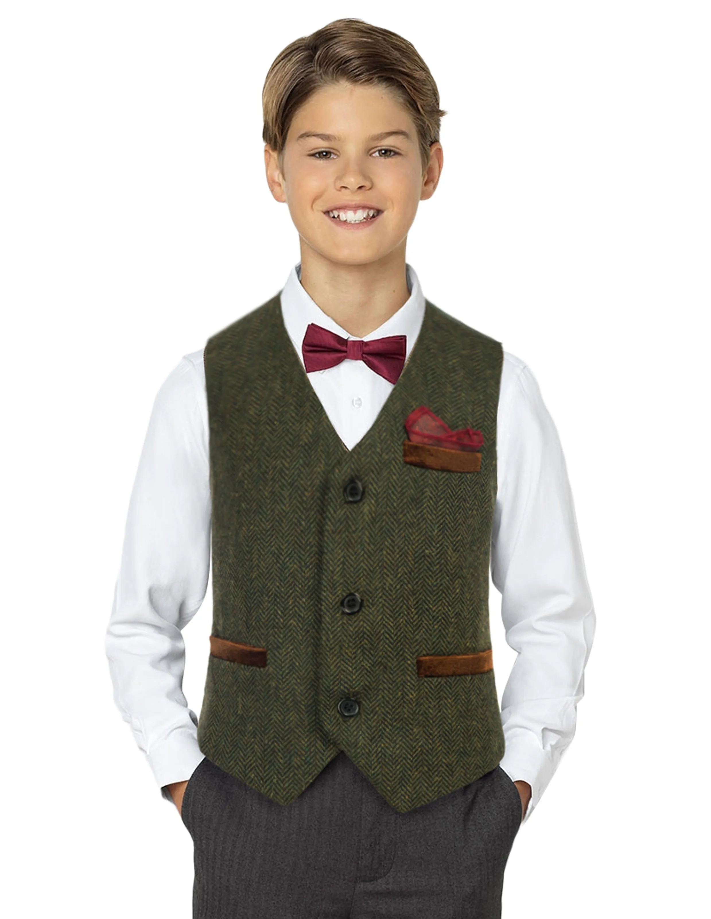 Boys Herringbone Tweed Suit Vest British Dress Waistcoat Wool Blend