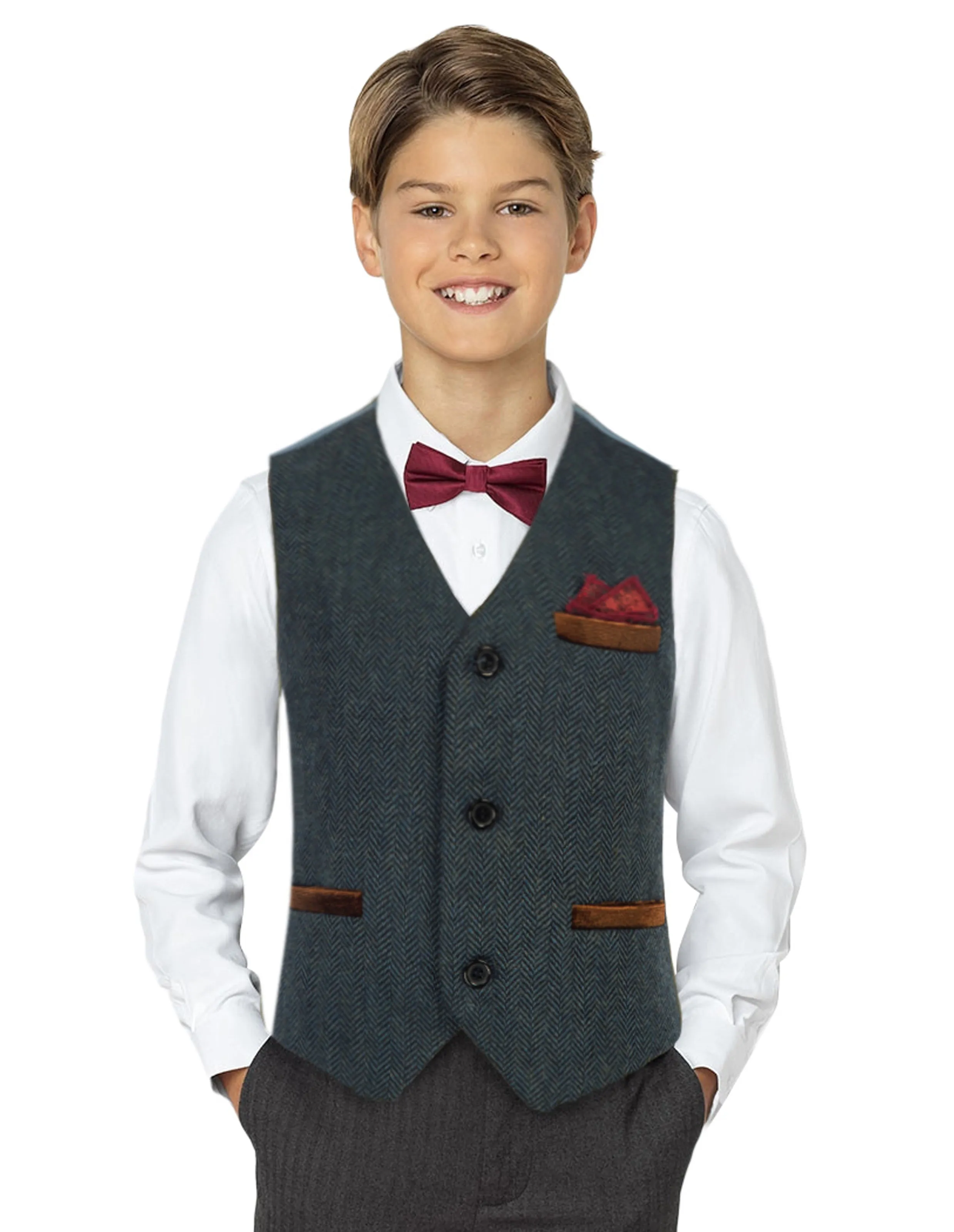 Boys Herringbone Tweed Suit Vest British Dress Waistcoat Wool Blend