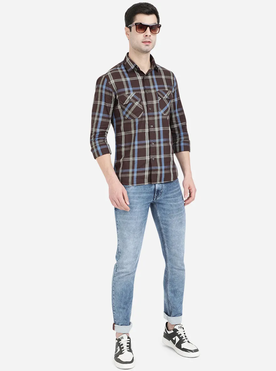 Brown Checked Slim Fit Semi Casual Shirt | Greenfibre