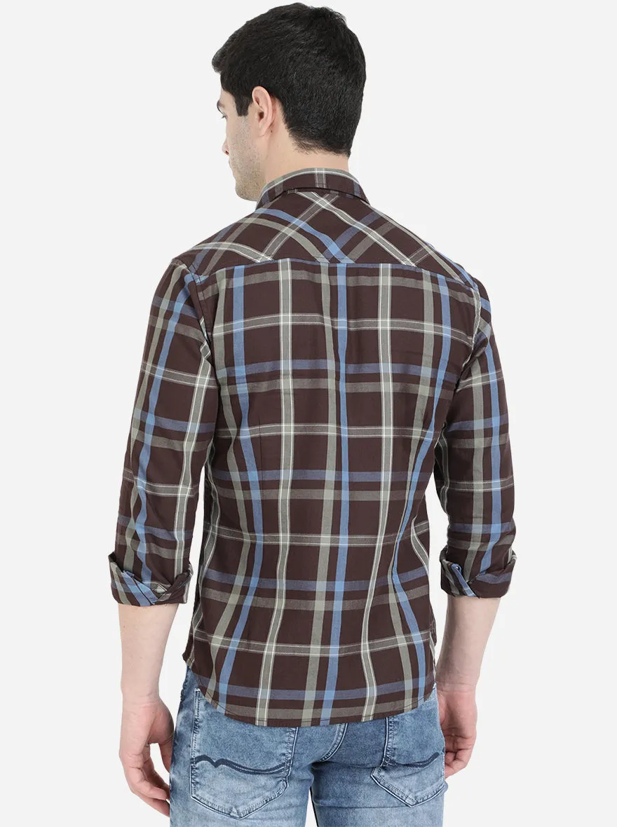 Brown Checked Slim Fit Semi Casual Shirt | Greenfibre