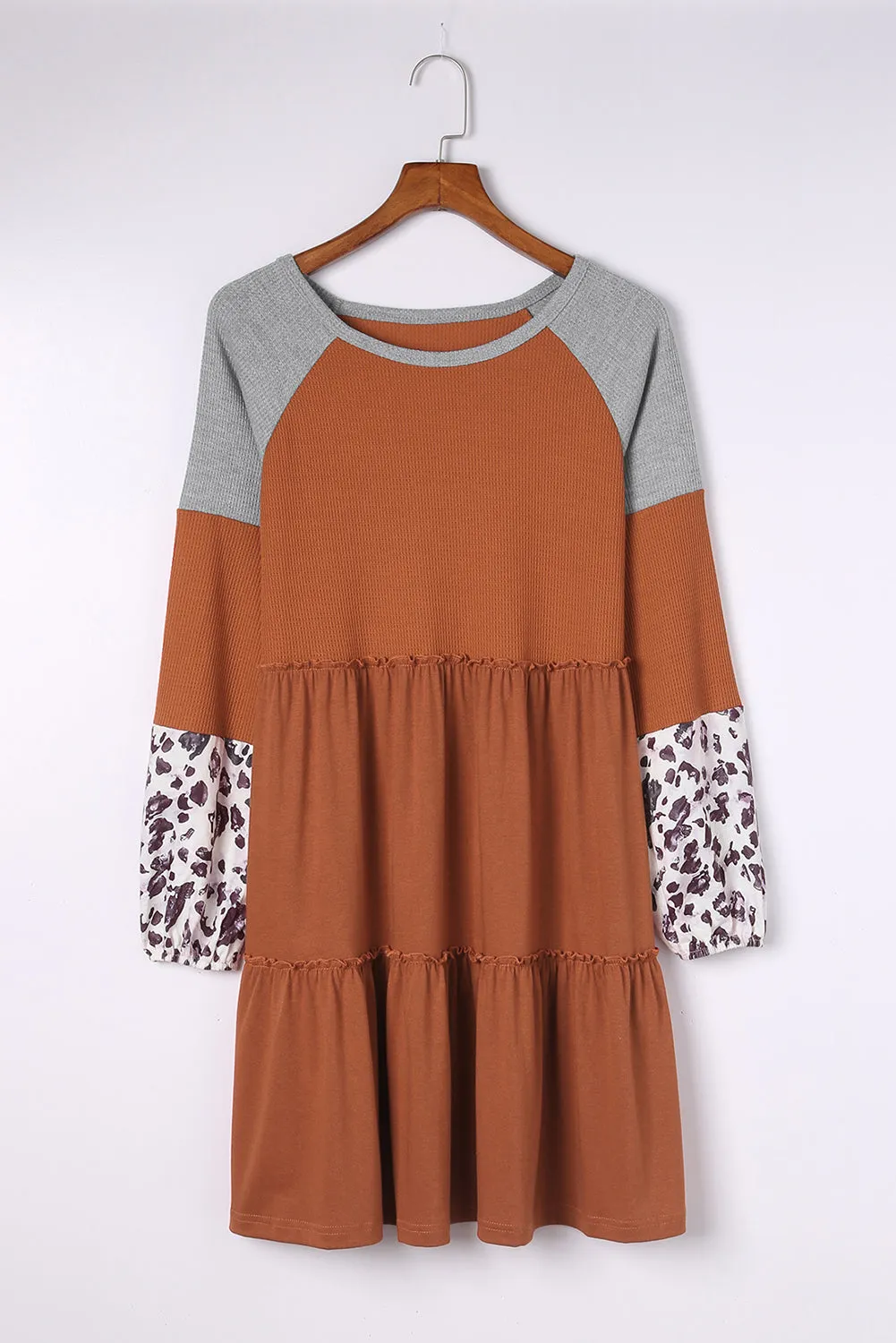 Brown Waffle Knit Leopard Patchwork Long Sleeve Dress