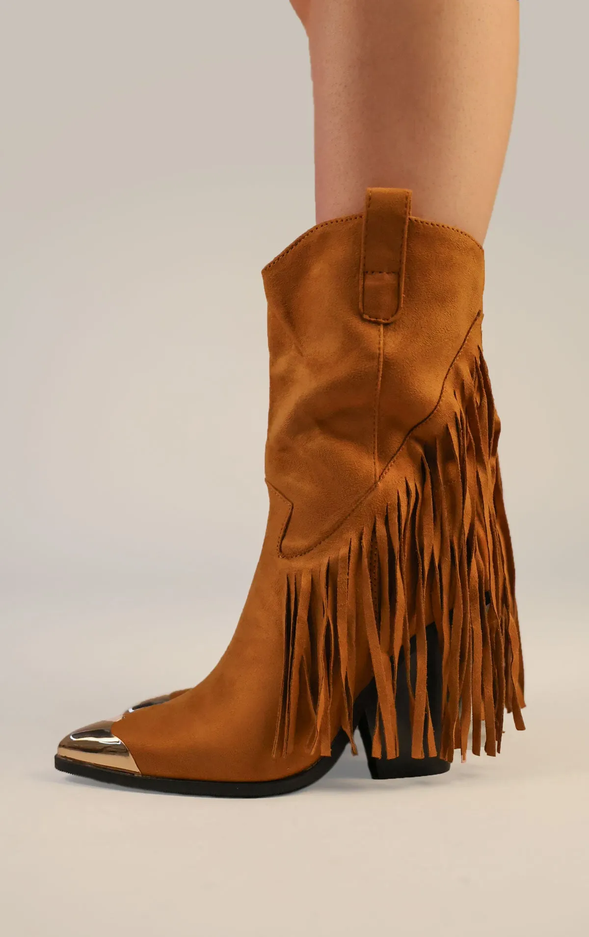 Camel Mid Faux Suede Fringe Tassel Cowboy Boot Toe Cap