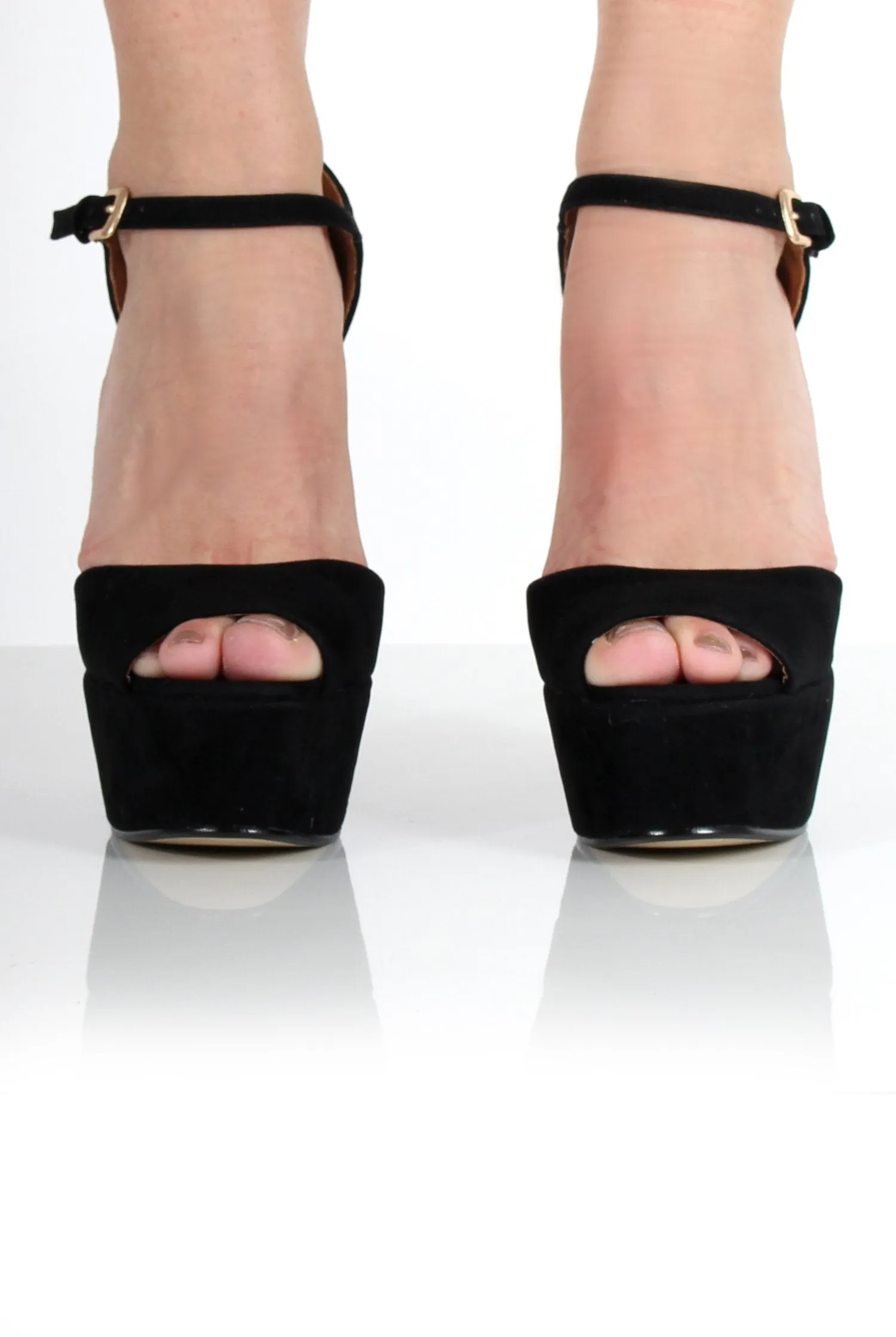 Carmela Black Suede Peep Toe Heels