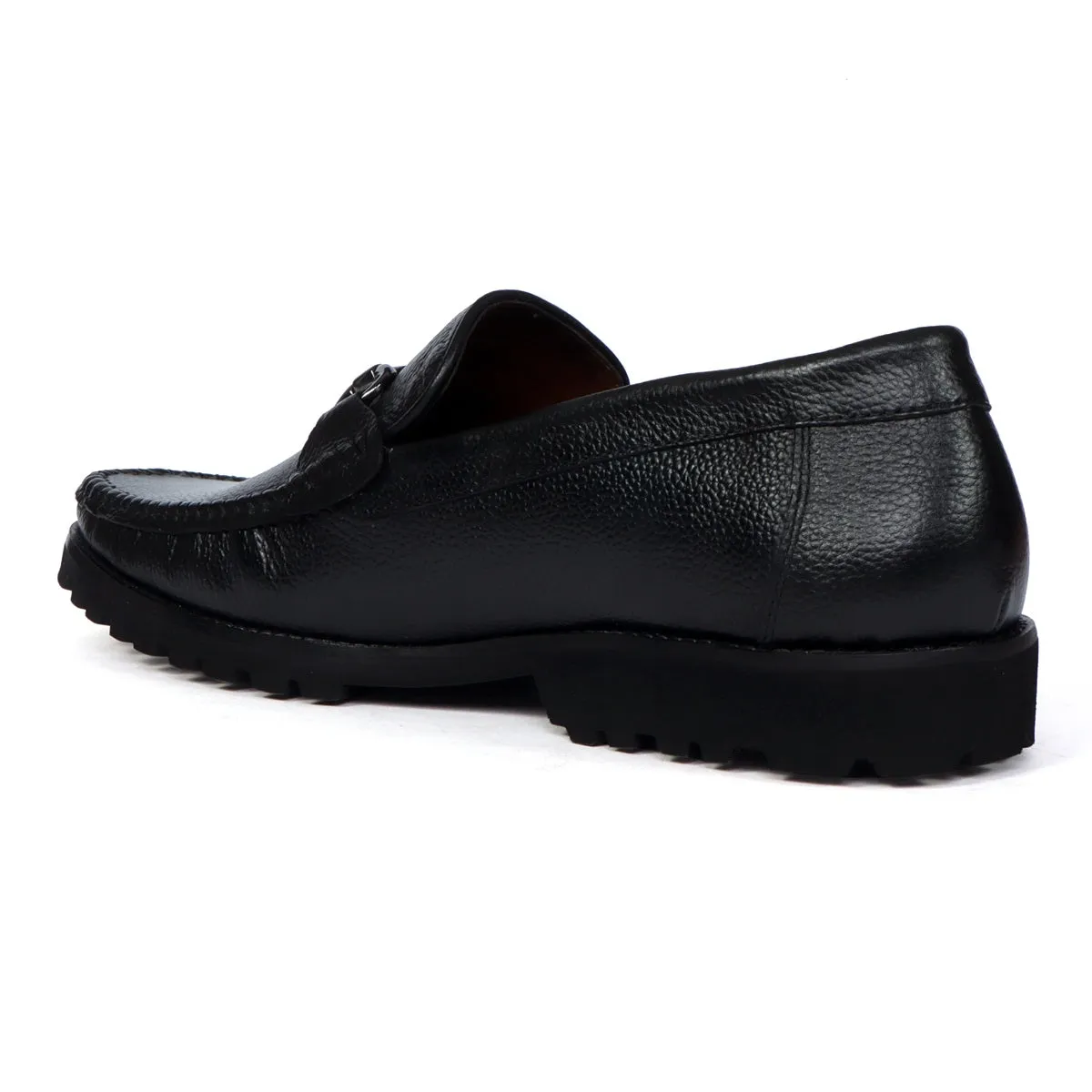 Chunky Sole Black Loafer Textured Leather With Horse-bit Buckle Detailing