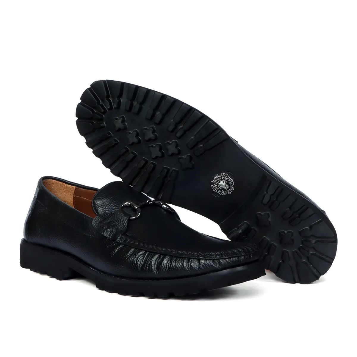 Chunky Sole Black Loafer Textured Leather With Horse-bit Buckle Detailing