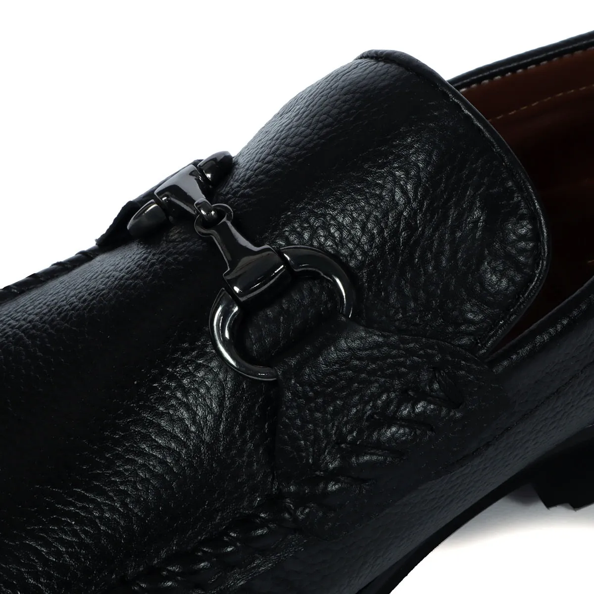 Chunky Sole Black Loafer Textured Leather With Horse-bit Buckle Detailing