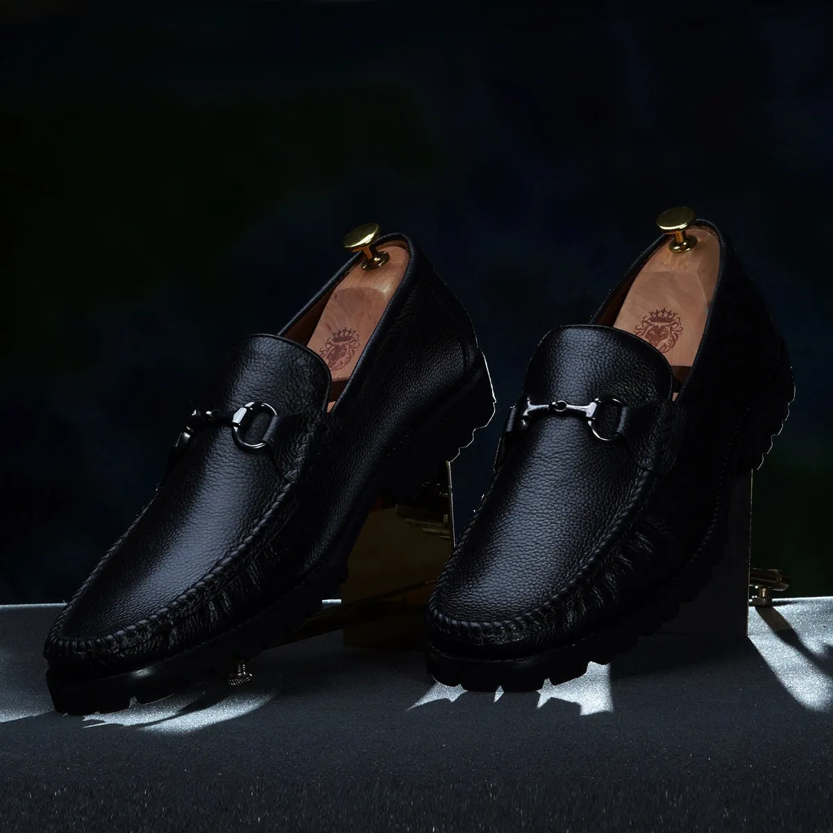 Chunky Sole Black Loafer Textured Leather With Horse-bit Buckle Detailing