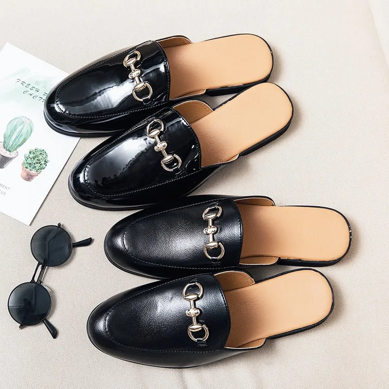 Classic Solid Black Leather Bit Mules