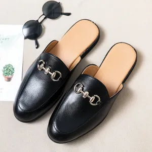 Classic Solid Black Leather Bit Mules