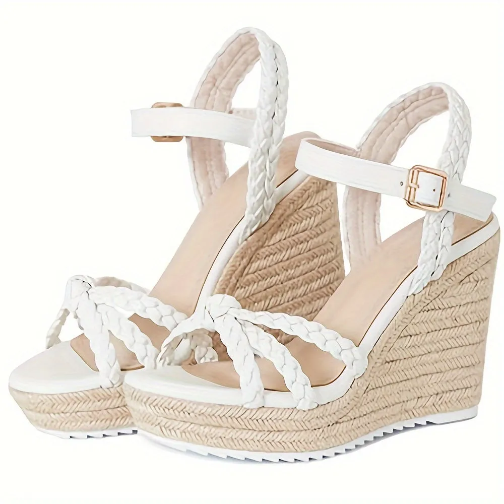 Classic Women's Braided Ankle Strap, Open Toe Platform, Espadrille Wedge Sandals