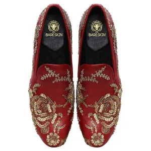 Copper Gold Zardosi Slip-On Shoes in Maroon Genuine Leather By Brune & Bareskin