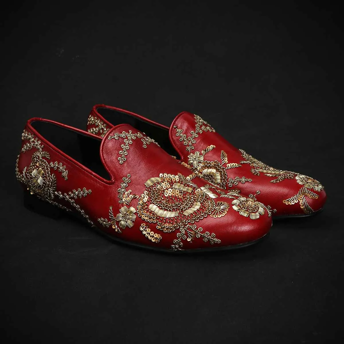 Copper Gold Zardosi Slip-On Shoes in Maroon Genuine Leather By Brune & Bareskin