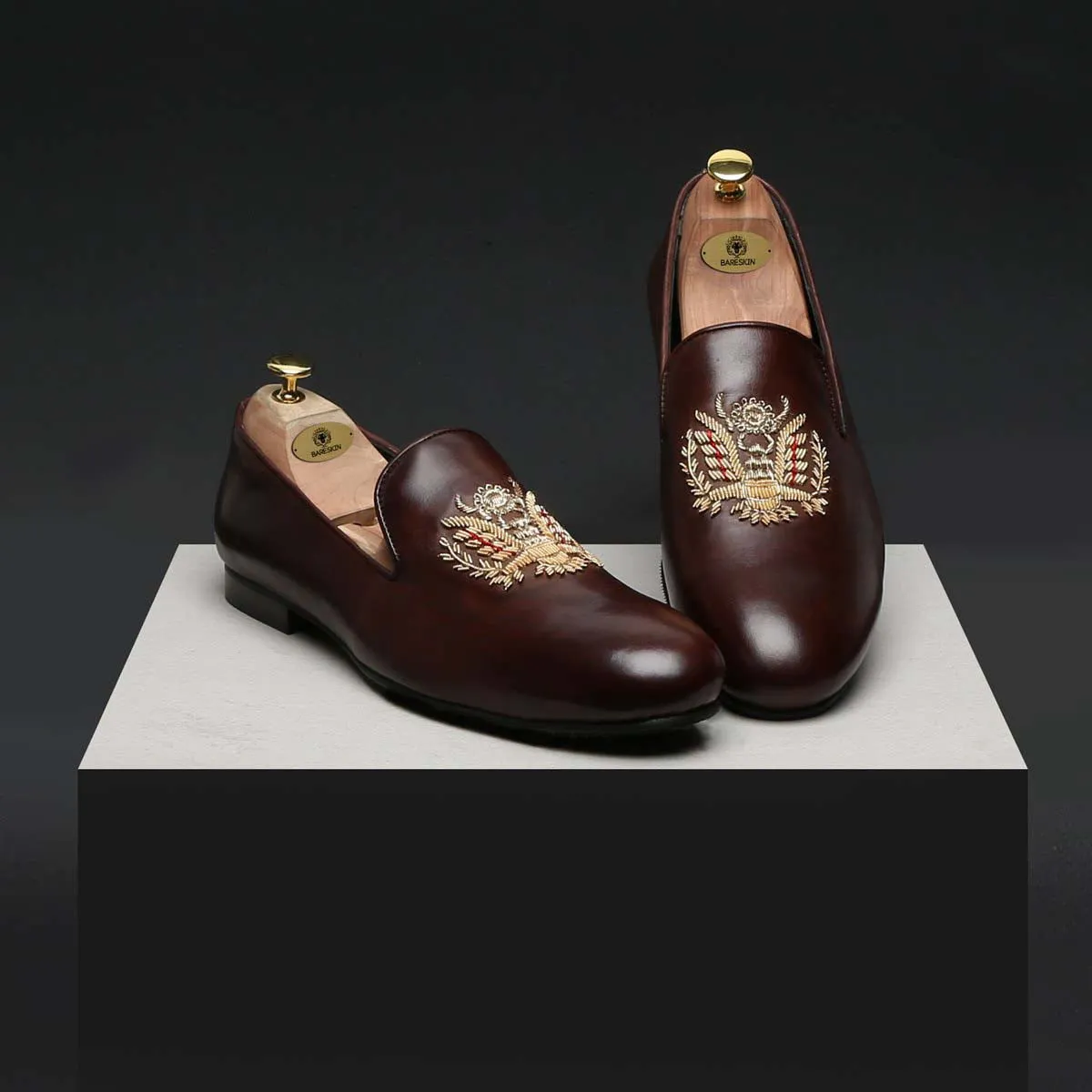 Crown Eagle Zardosi Dark Brown Leather Slip-On By Brune & Bareskin