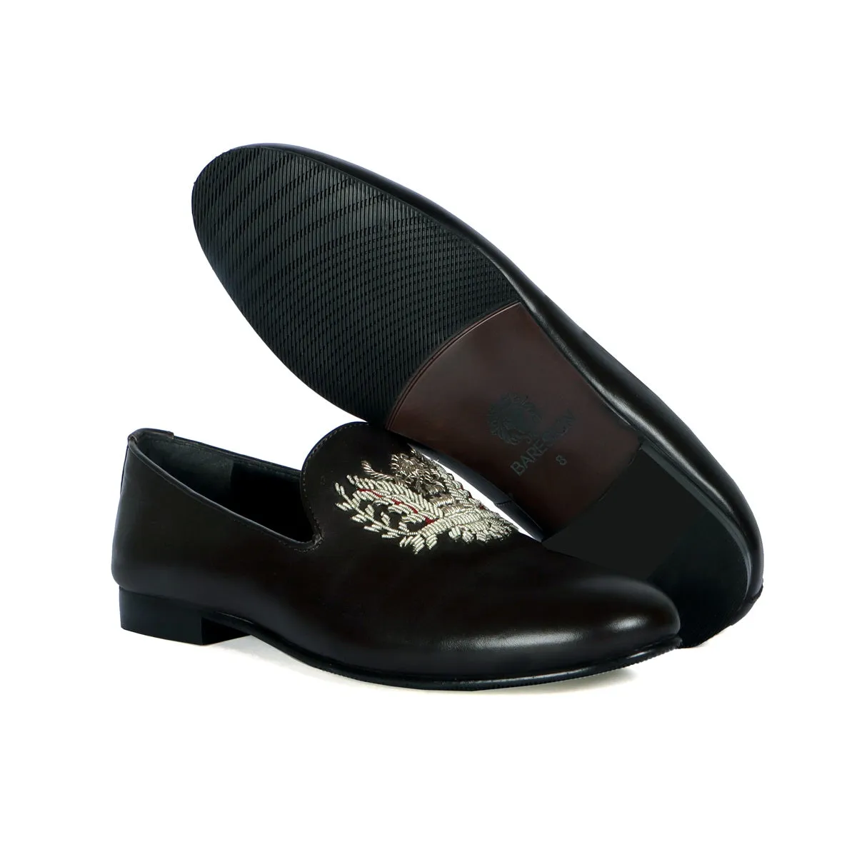 Crown Eagle Zardosi Slip-On Shoes in Black Leather By Brune & Bareskin