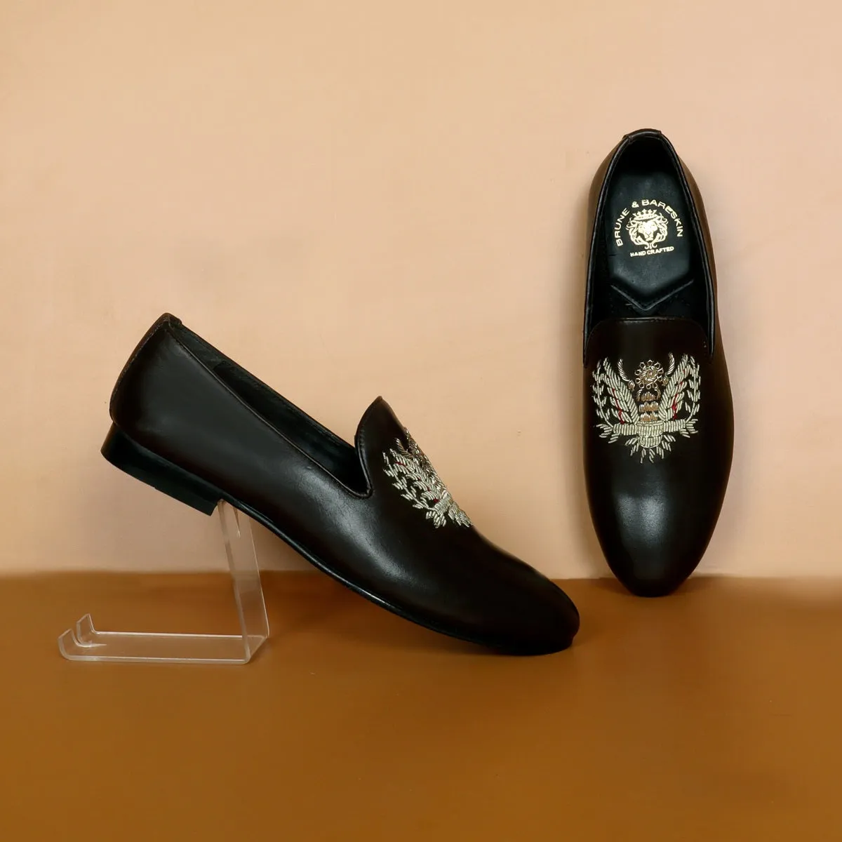 Crown Eagle Zardosi Slip-On Shoes in Black Leather By Brune & Bareskin