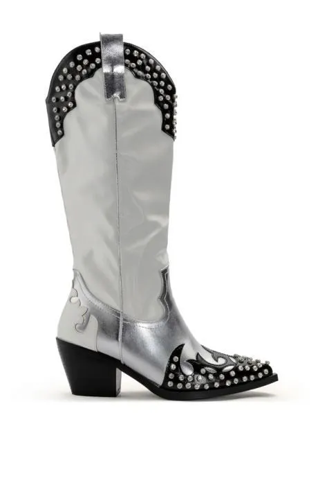 Crystal Embellished Patchwork Knee High Boots