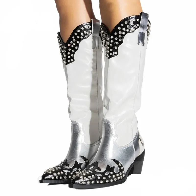 Crystal Embellished Patchwork Knee High Boots