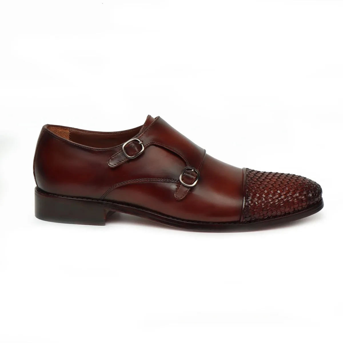 Dark Brown Contrasting Cap Toe Leather Woven Detailed Double Monk With Leather Sole Shoes By Brune & Bareskin