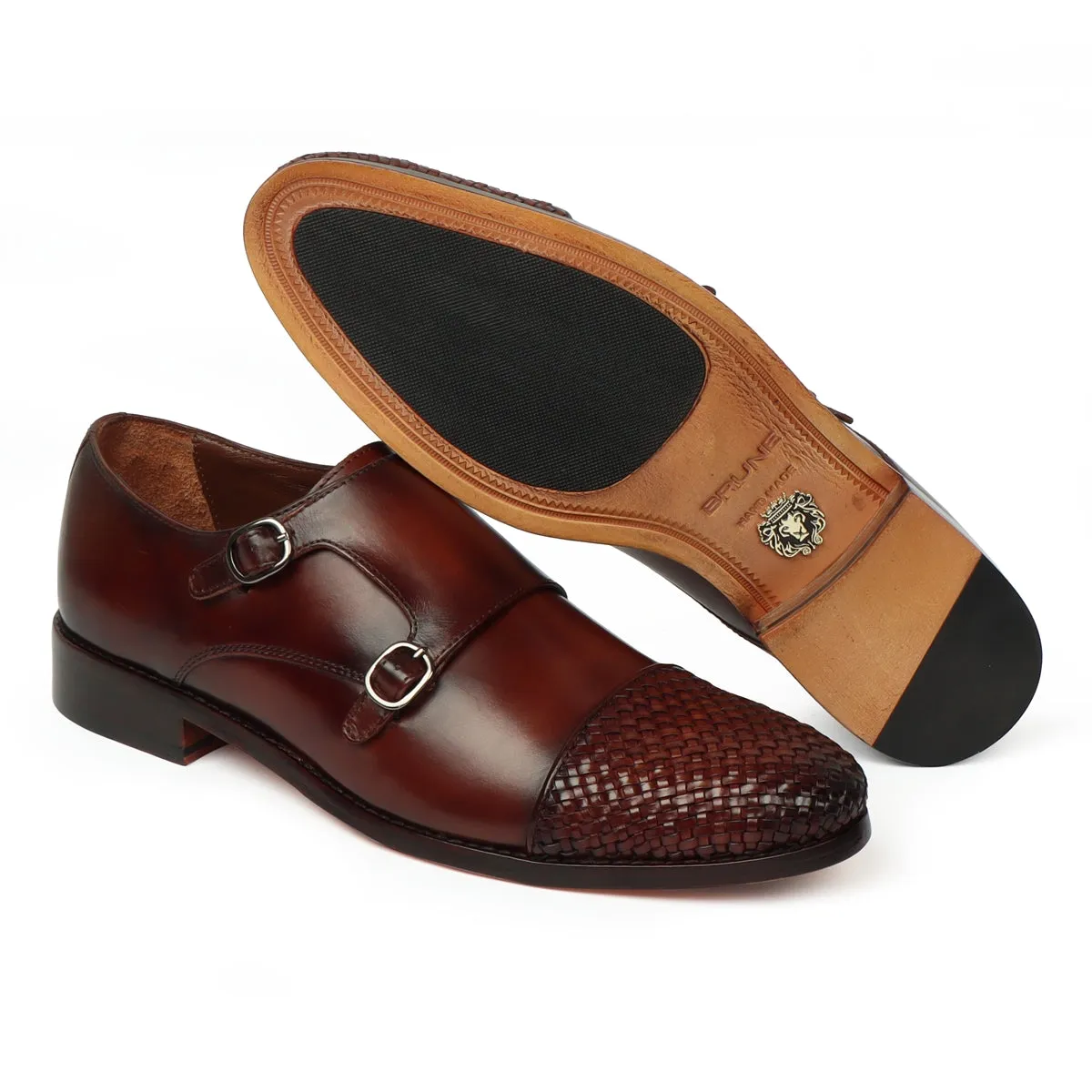 Dark Brown Contrasting Cap Toe Leather Woven Detailed Double Monk With Leather Sole Shoes By Brune & Bareskin