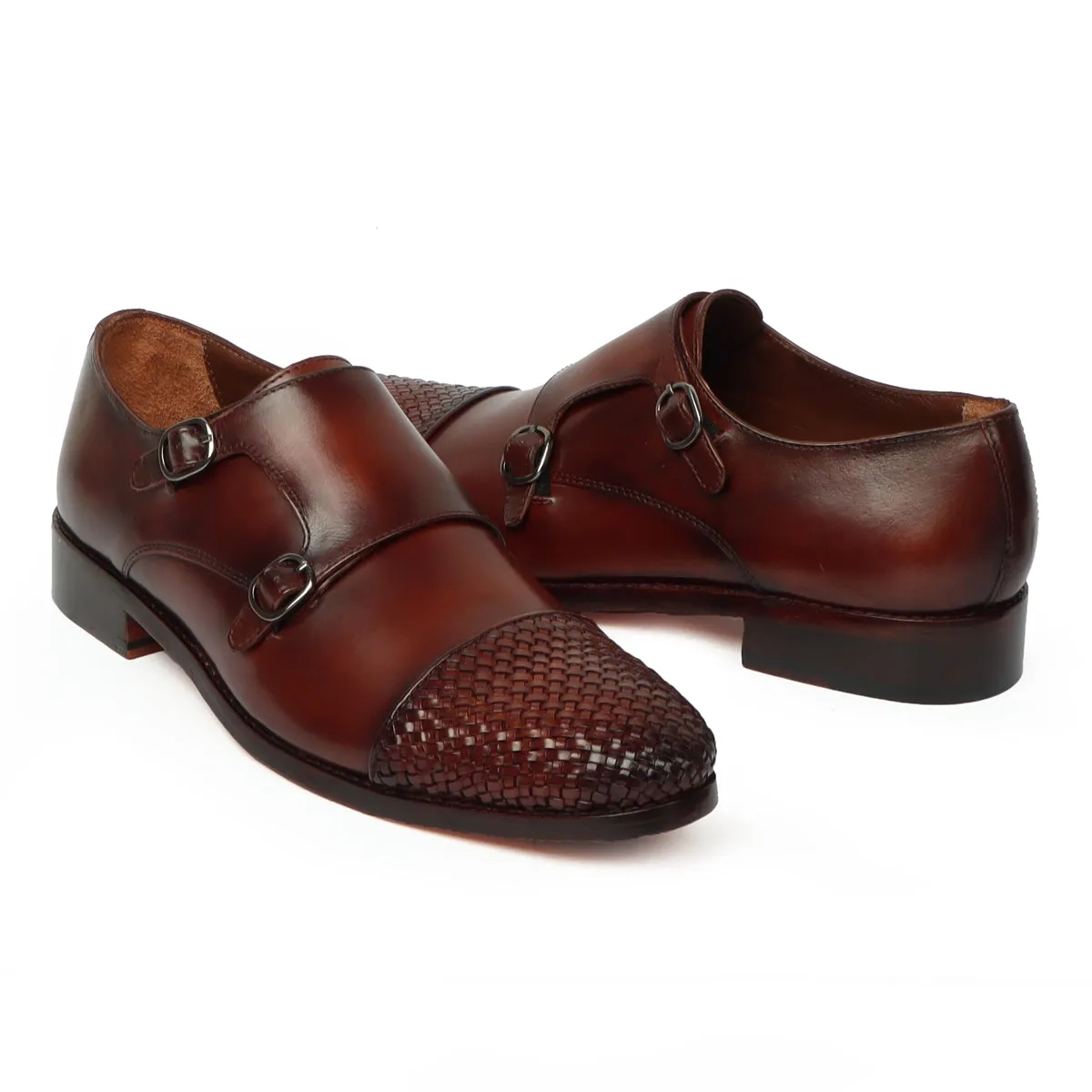 Dark Brown Contrasting Cap Toe Leather Woven Detailed Double Monk With Leather Sole Shoes By Brune & Bareskin