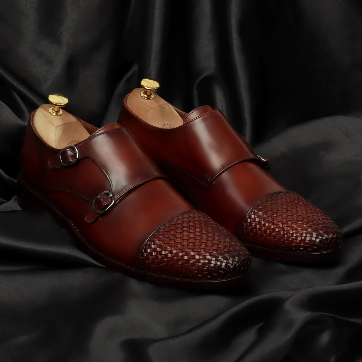 Dark Brown Contrasting Cap Toe Leather Woven Detailed Double Monk With Leather Sole Shoes By Brune & Bareskin