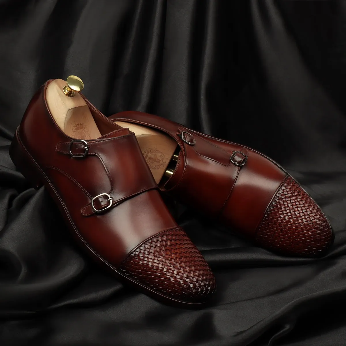 Dark Brown Contrasting Cap Toe Leather Woven Detailed Double Monk With Leather Sole Shoes By Brune & Bareskin