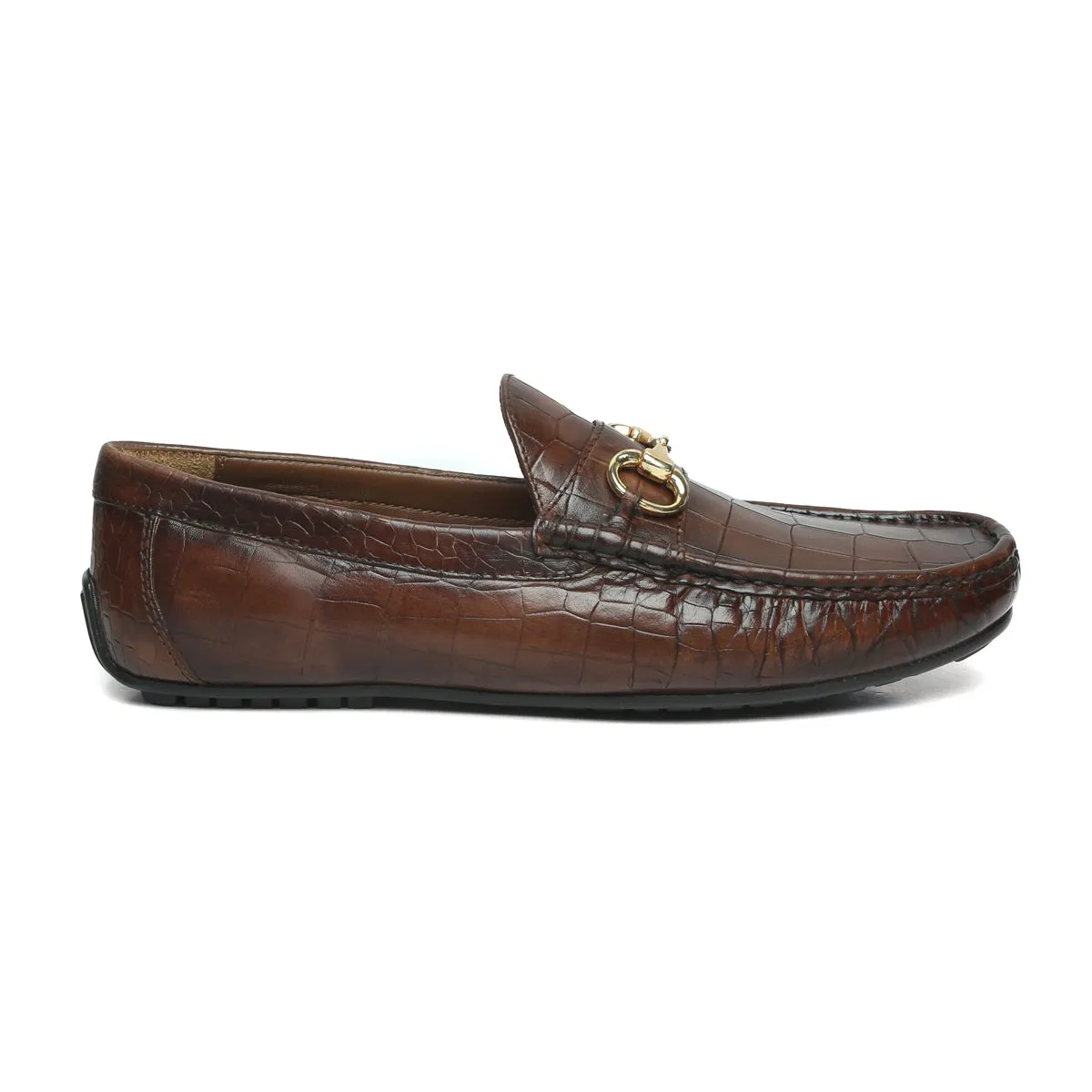 Dark Brown Loafers in Croco Textured Leather with Horse-bit Buckle