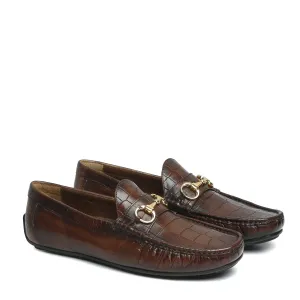 Dark Brown Loafers in Croco Textured Leather with Horse-bit Buckle