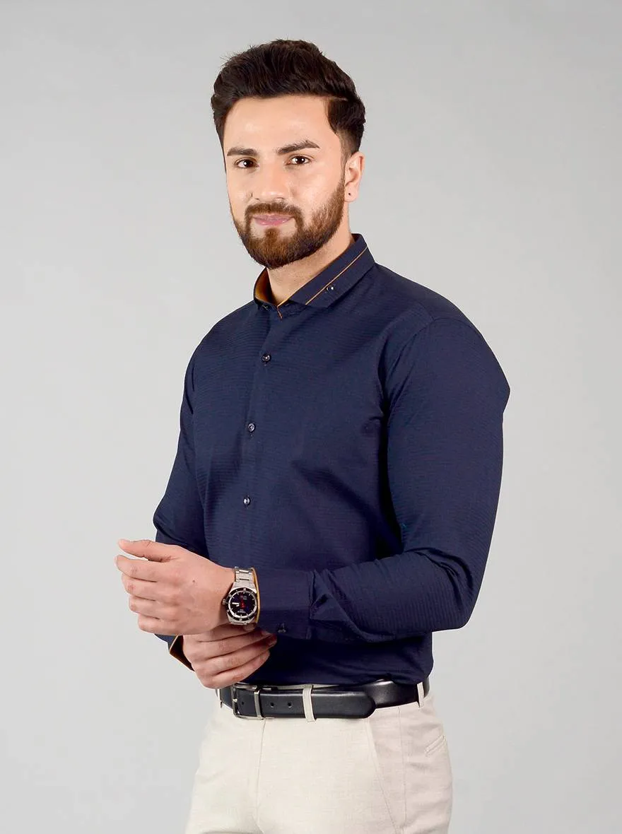 Deep Blue Self Design Slim Fit Party Wear Shirt | Greenfibre