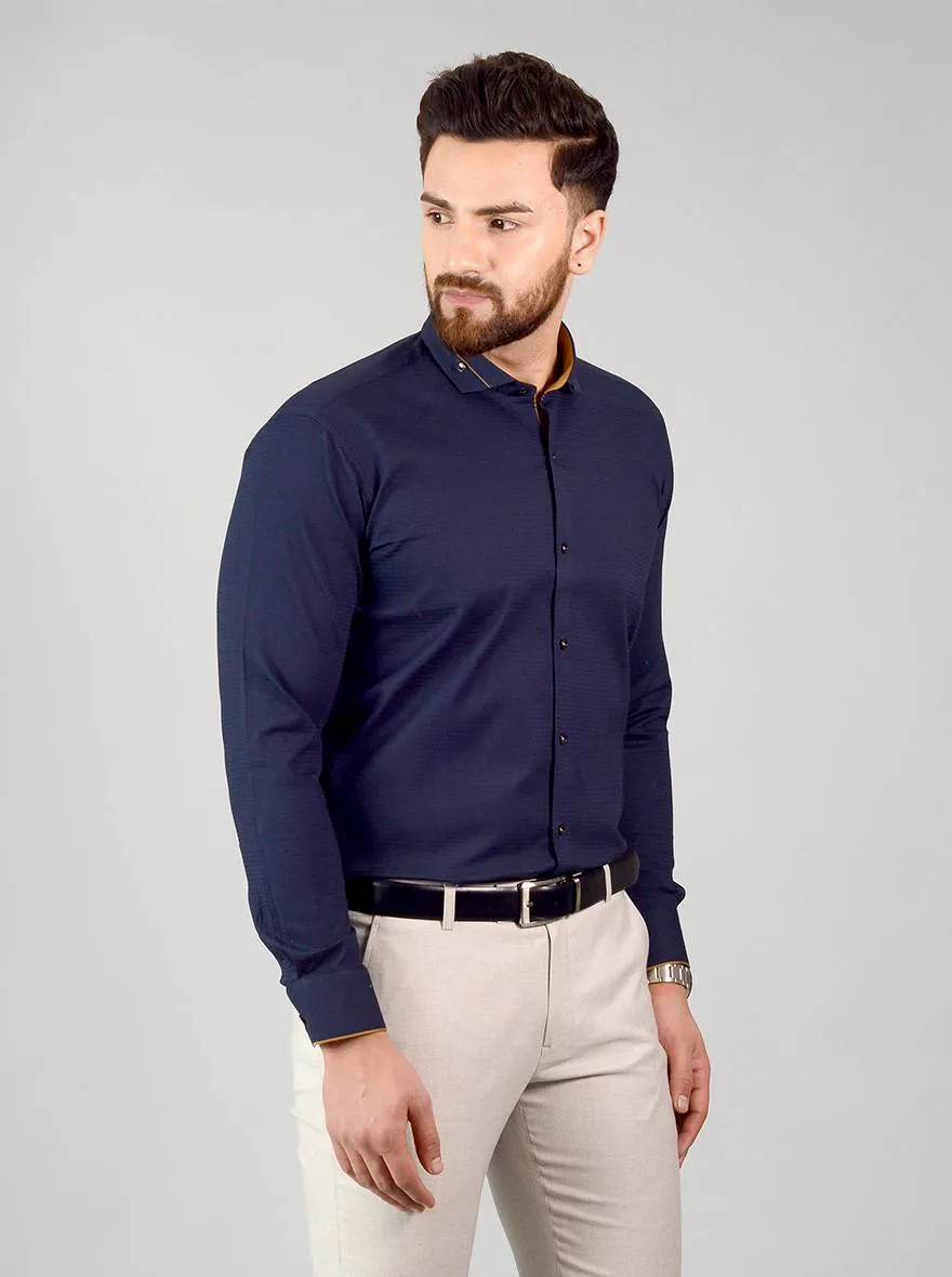 Deep Blue Self Design Slim Fit Party Wear Shirt | Greenfibre